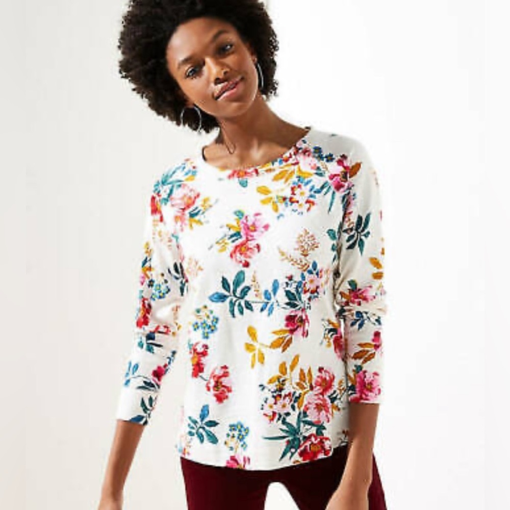 Loft Women's Floral Sweatshirt‎ Small 100% Cotton Flower Garden Cottagecore